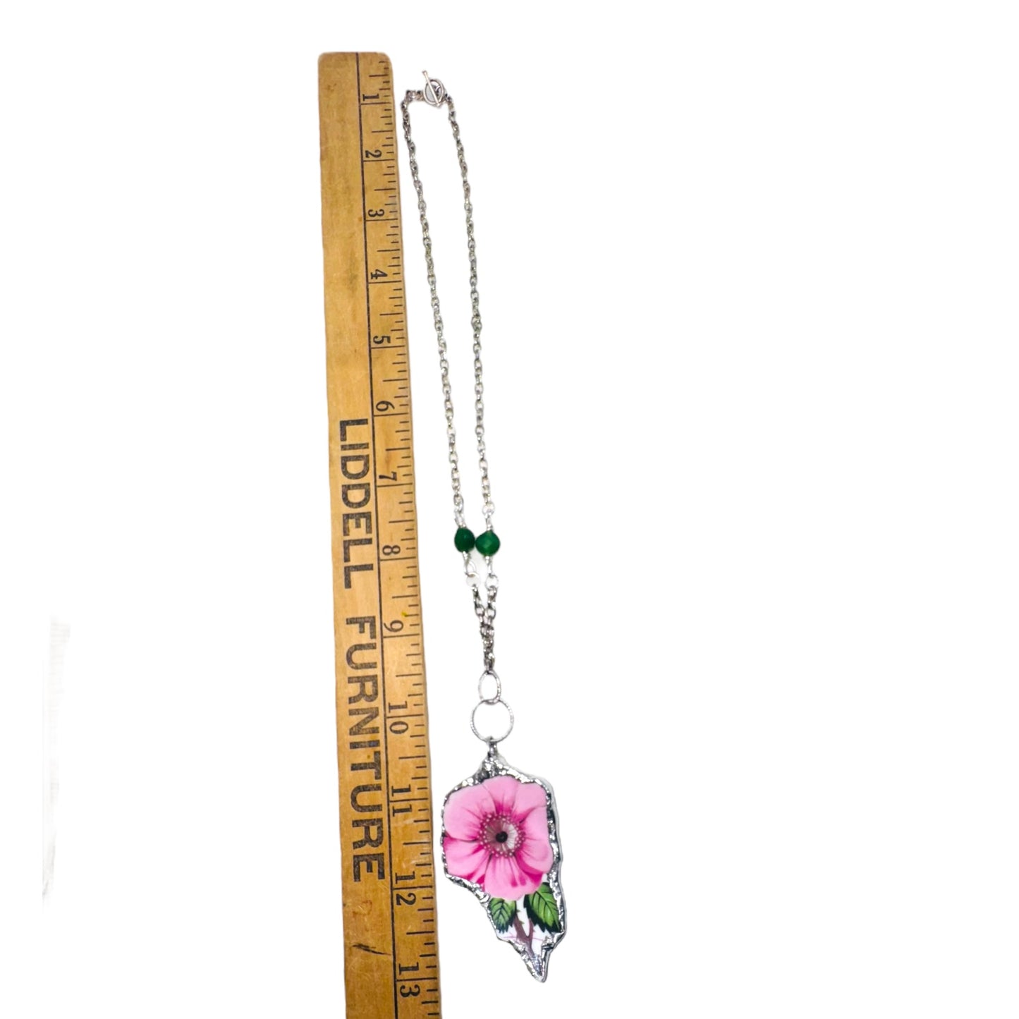 Old Country Rose Broken China Pendant & Green Aventurine Beaded Necklace