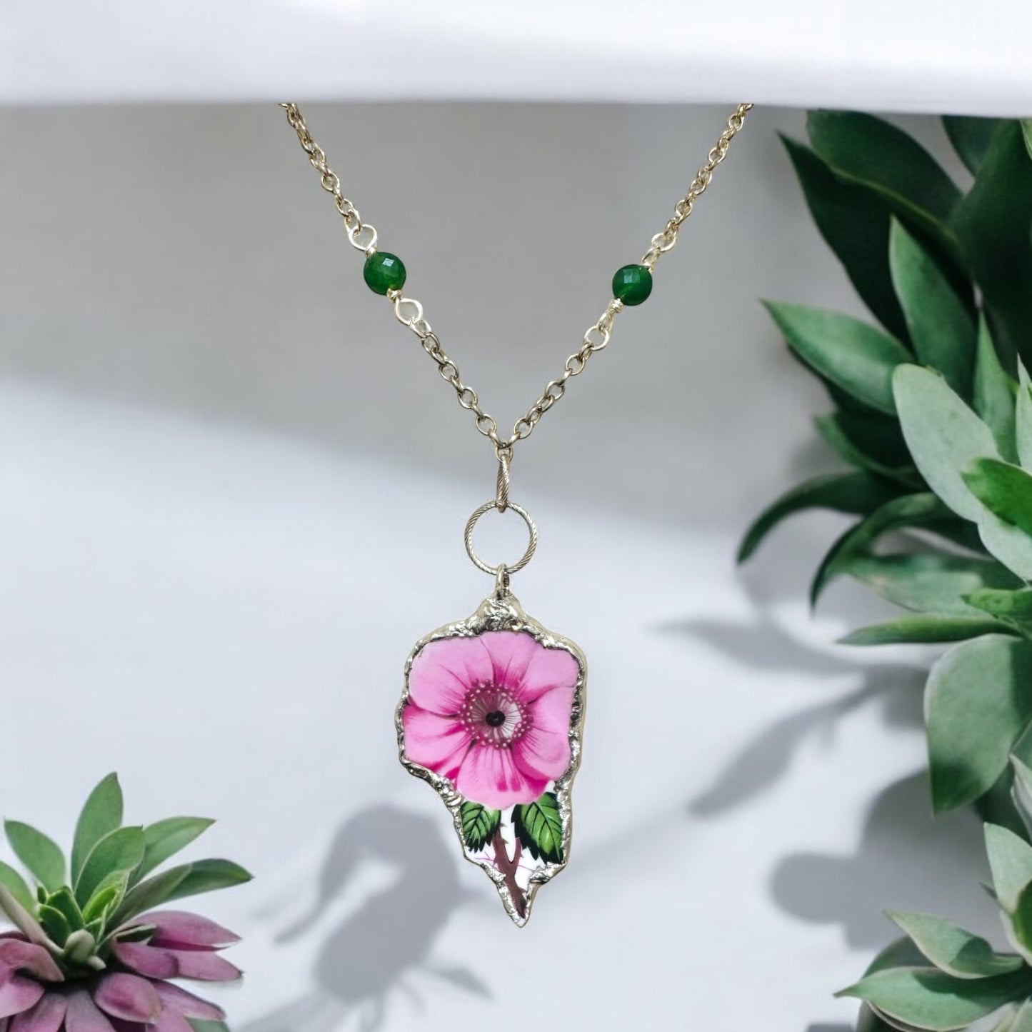 Old Country Rose Broken China Pendant & Green Aventurine Beaded Necklace