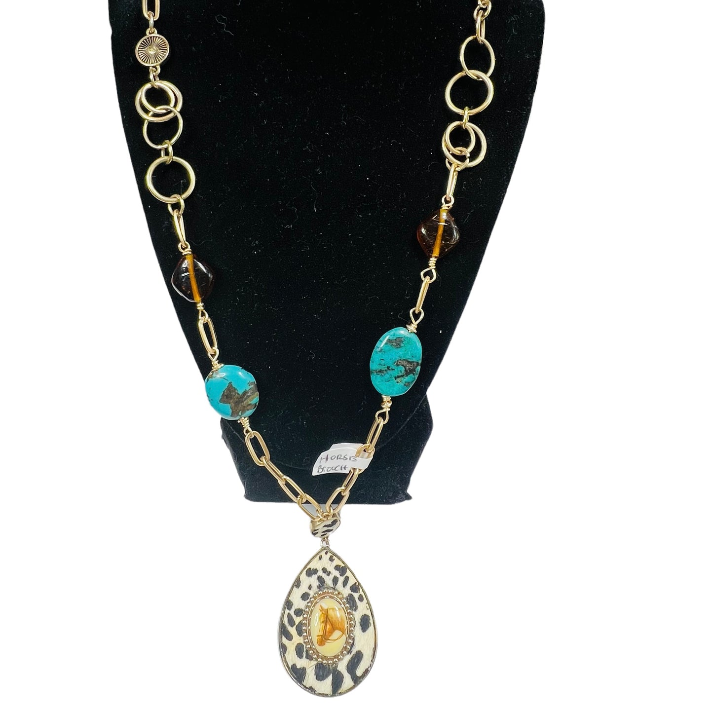 Upcycled VNTG Horse Brooch and Hyde Pendant w/ Wire Wrapped Amber & Turquoise Necklace