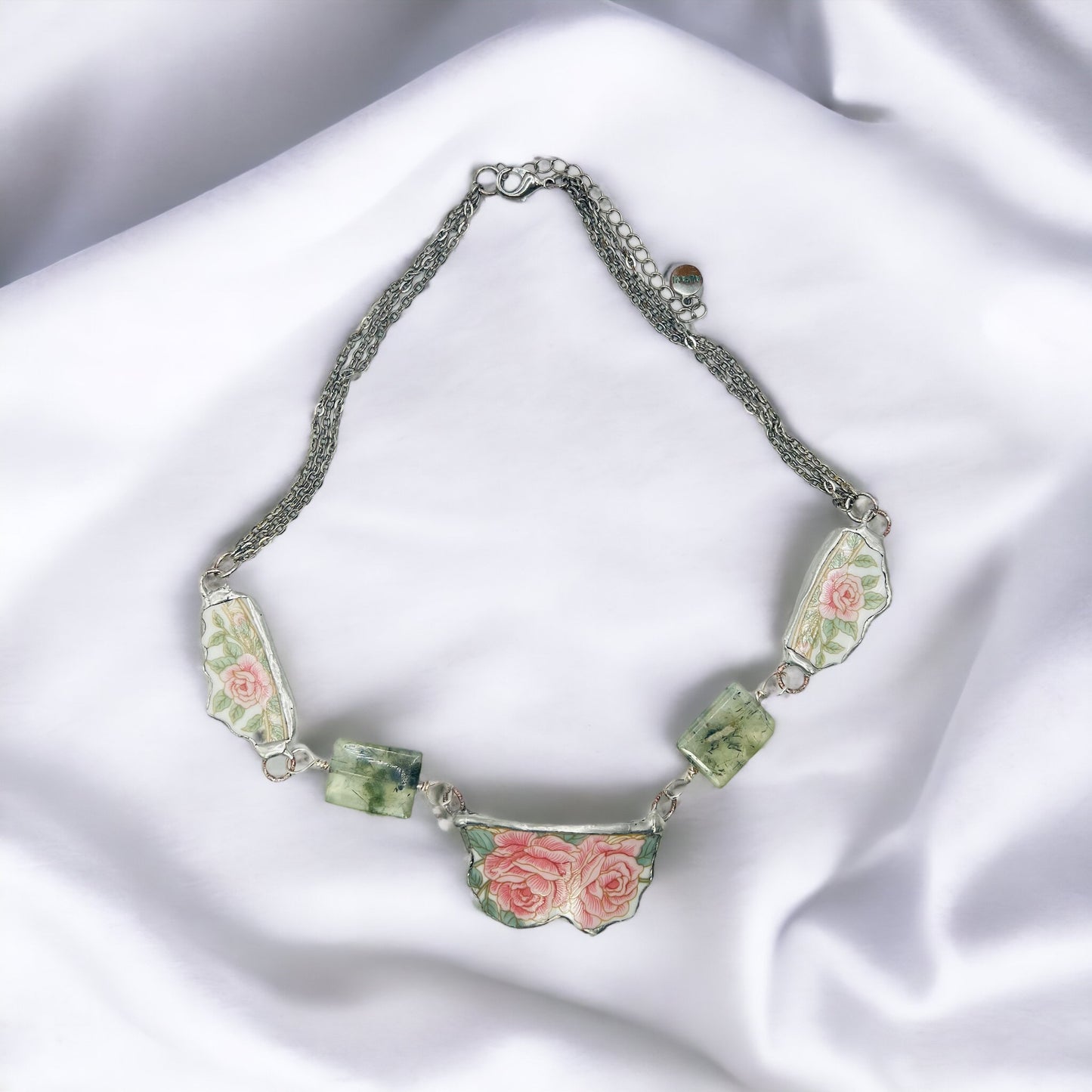 Hand Crafted Broken China Pendant Antique Roses with Prenhite Stones Necklace