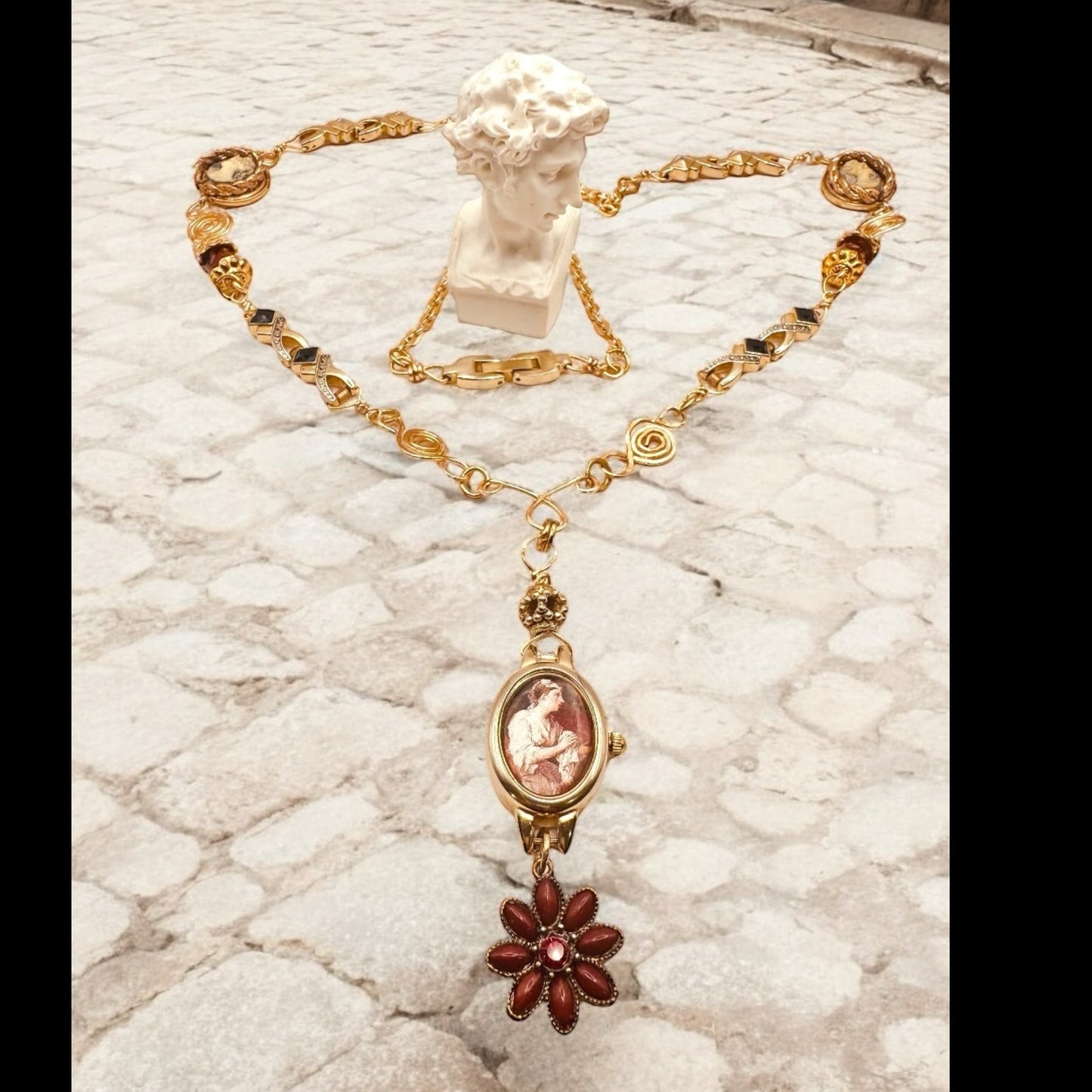 Repurposed VNTG Watch Opera Necklace with scene from the of Beggar’s Opera by Hogarth