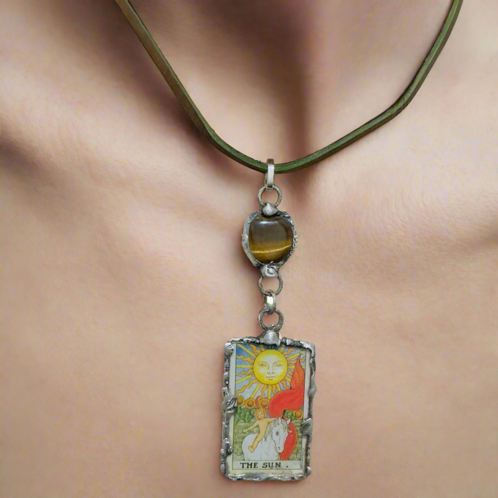 Tarot Card Mixed Media & Artisan Metalwork Tiger Eye Pendant Leather Necklace