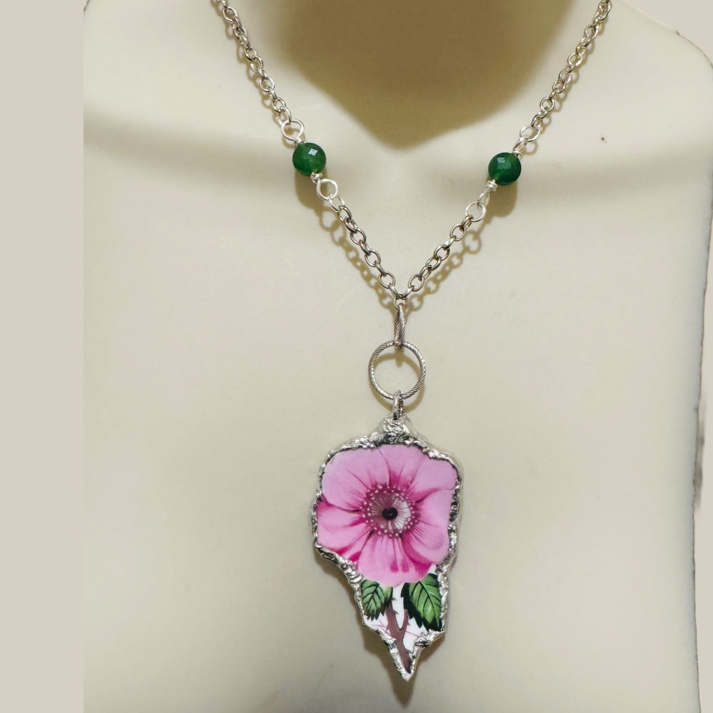 Old Country Rose Broken China Pendant & Green Aventurine Beaded Necklace