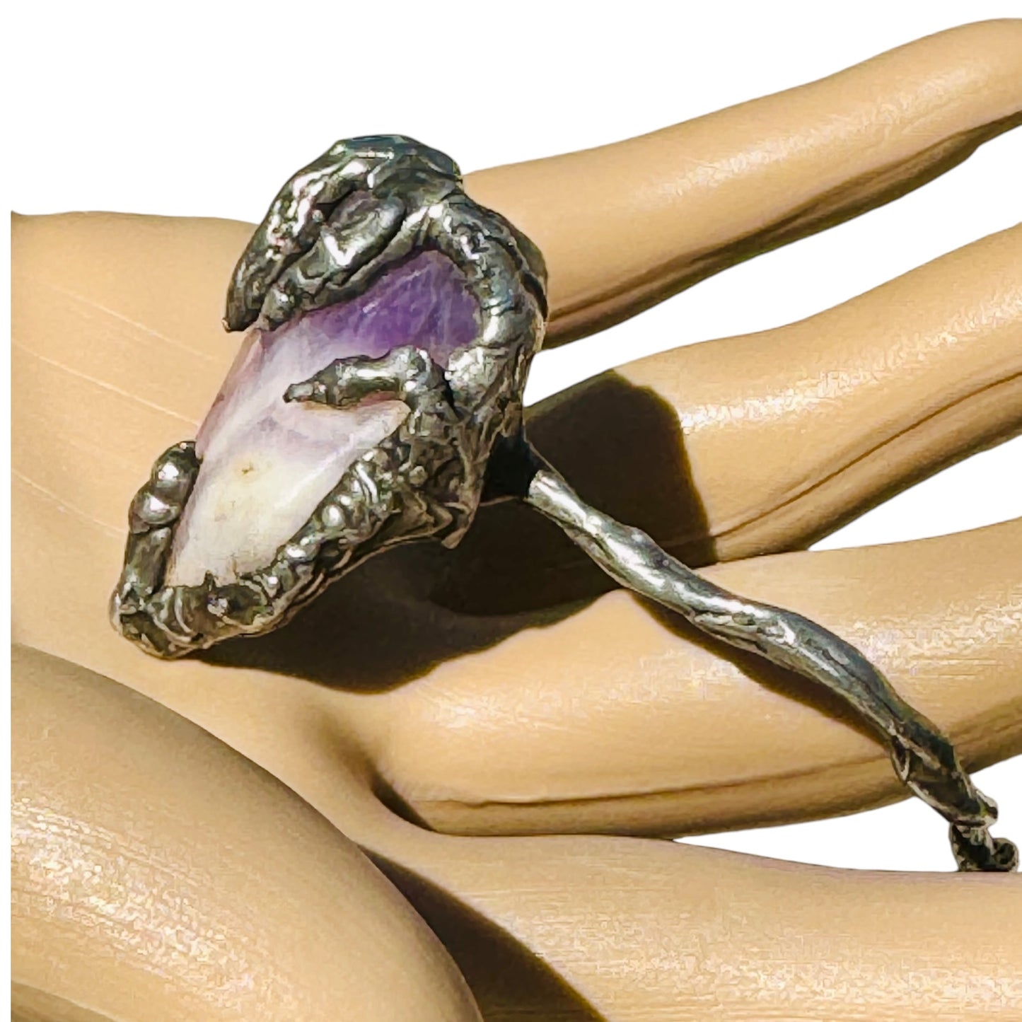Amethyst Claw Cuff Bracelet Brutalist Silver Blend Metalwork