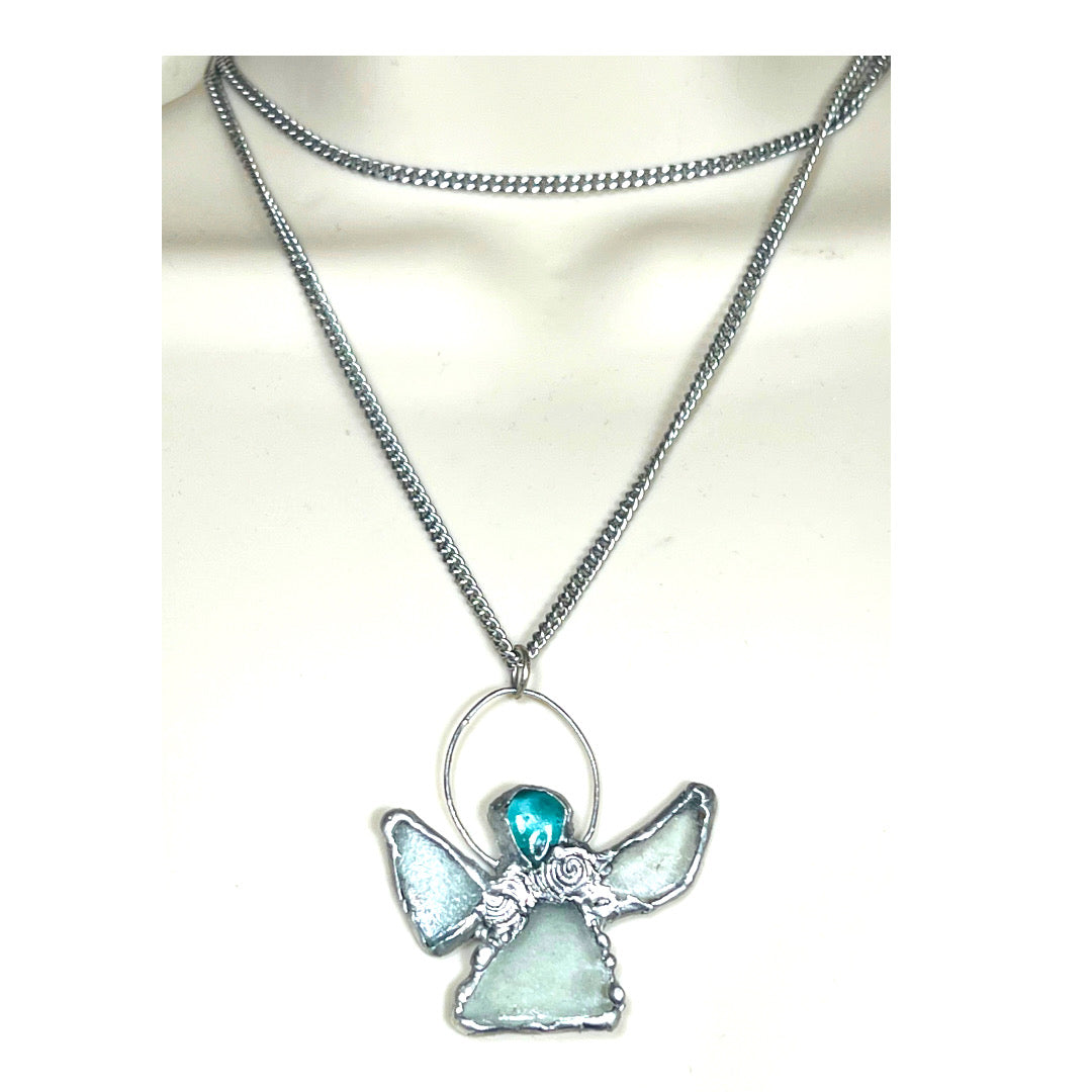 Sea Glass Angel Pendant Artisan Boho Metalwork Necklace