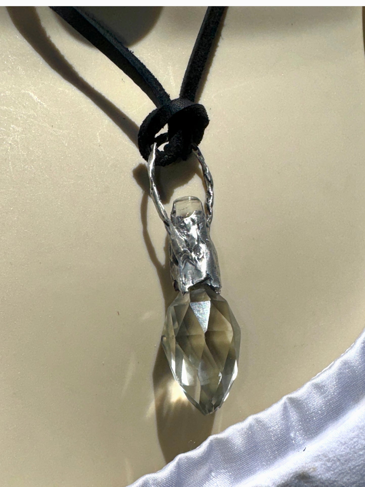 Vintage Crystal Perfume Bottle with Boho Metalwork & Leather Rope Necklace