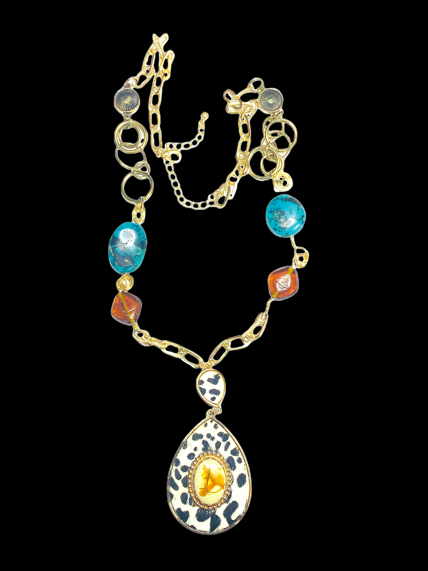 Upcycled VNTG Horse Brooch and Hyde Pendant w/ Wire Wrapped Amber & Turquoise Necklace
