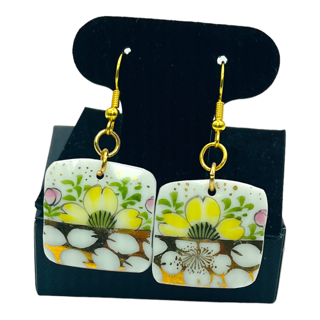 Daisies Fine Bone China Dangle Earrings with Gold Etching