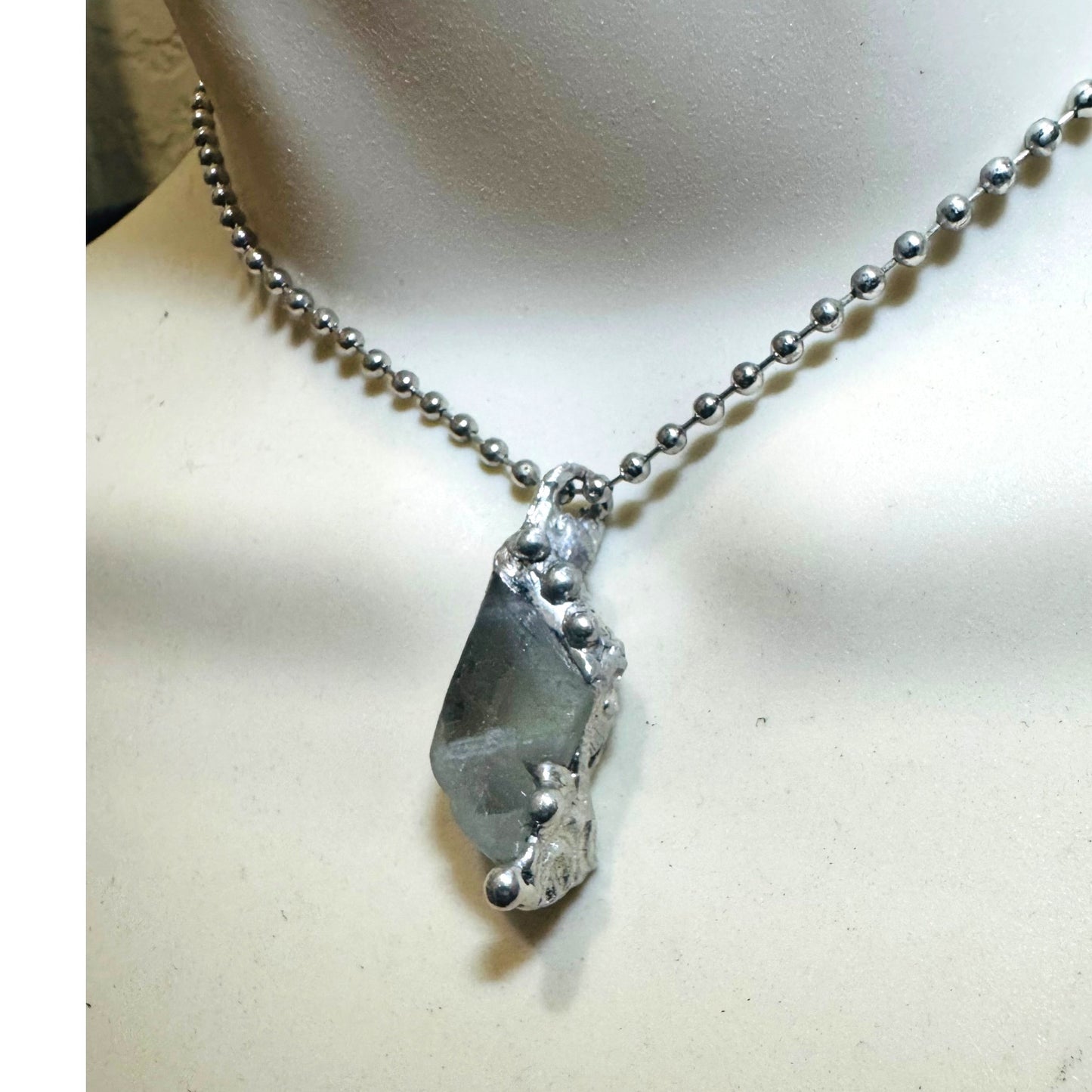 Green Fluorite Pendant Necklace With Artisan Metalwork Halo Bezel On Ball Chain