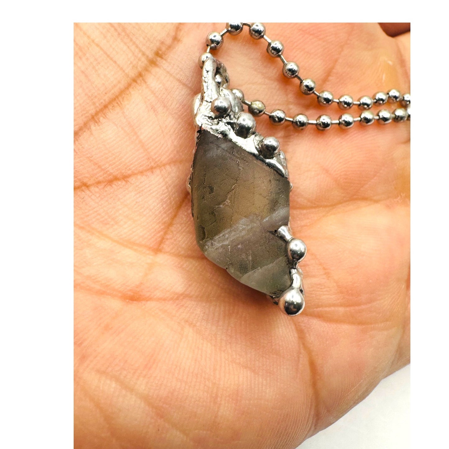 Green Fluorite Pendant Necklace With Artisan Metalwork Halo Bezel On Ball Chain