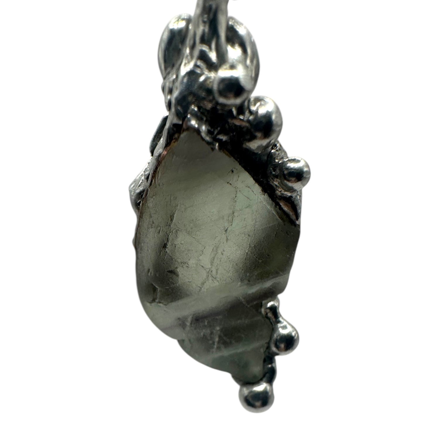 Green Fluorite Pendant Necklace With Artisan Metalwork Halo Bezel On Ball Chain
