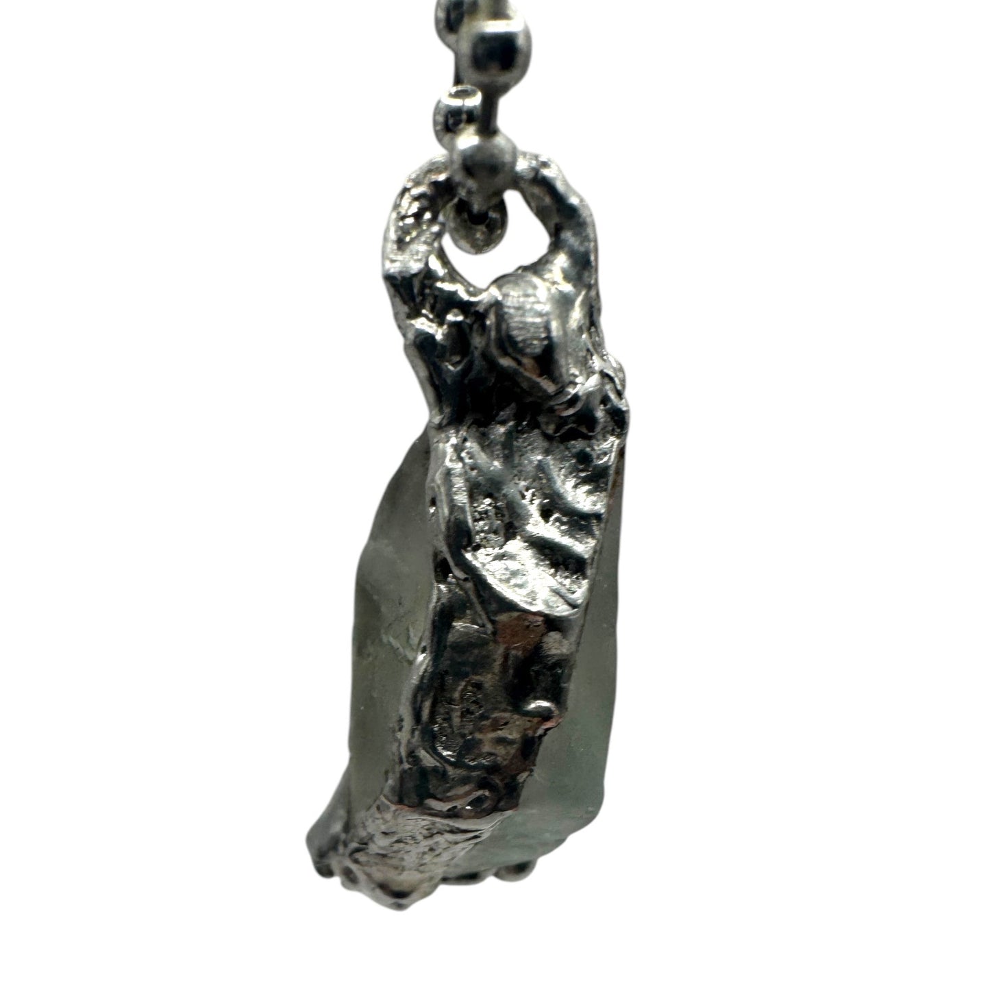 Green Fluorite Pendant Necklace With Artisan Metalwork Halo Bezel On Ball Chain