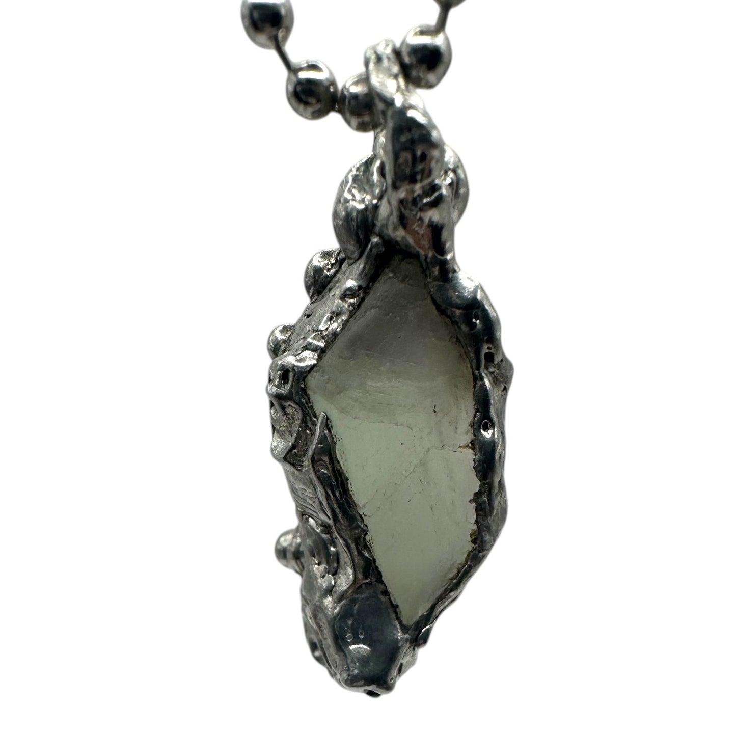 Green Fluorite Pendant Necklace With Artisan Metalwork Halo Bezel On Ball Chain
