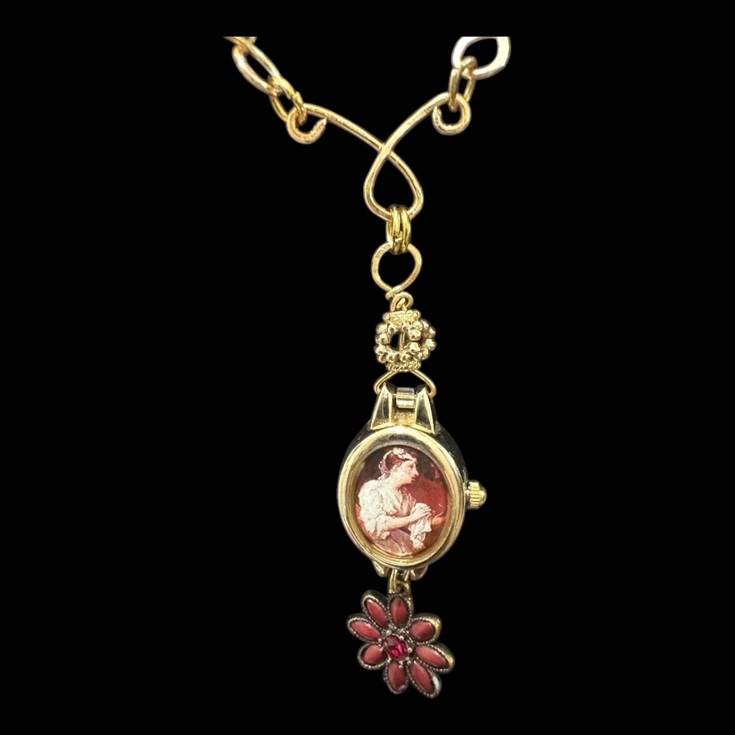Repurposed VNTG Watch Opera Necklace with scene from the of Beggar’s Opera by Hogarth