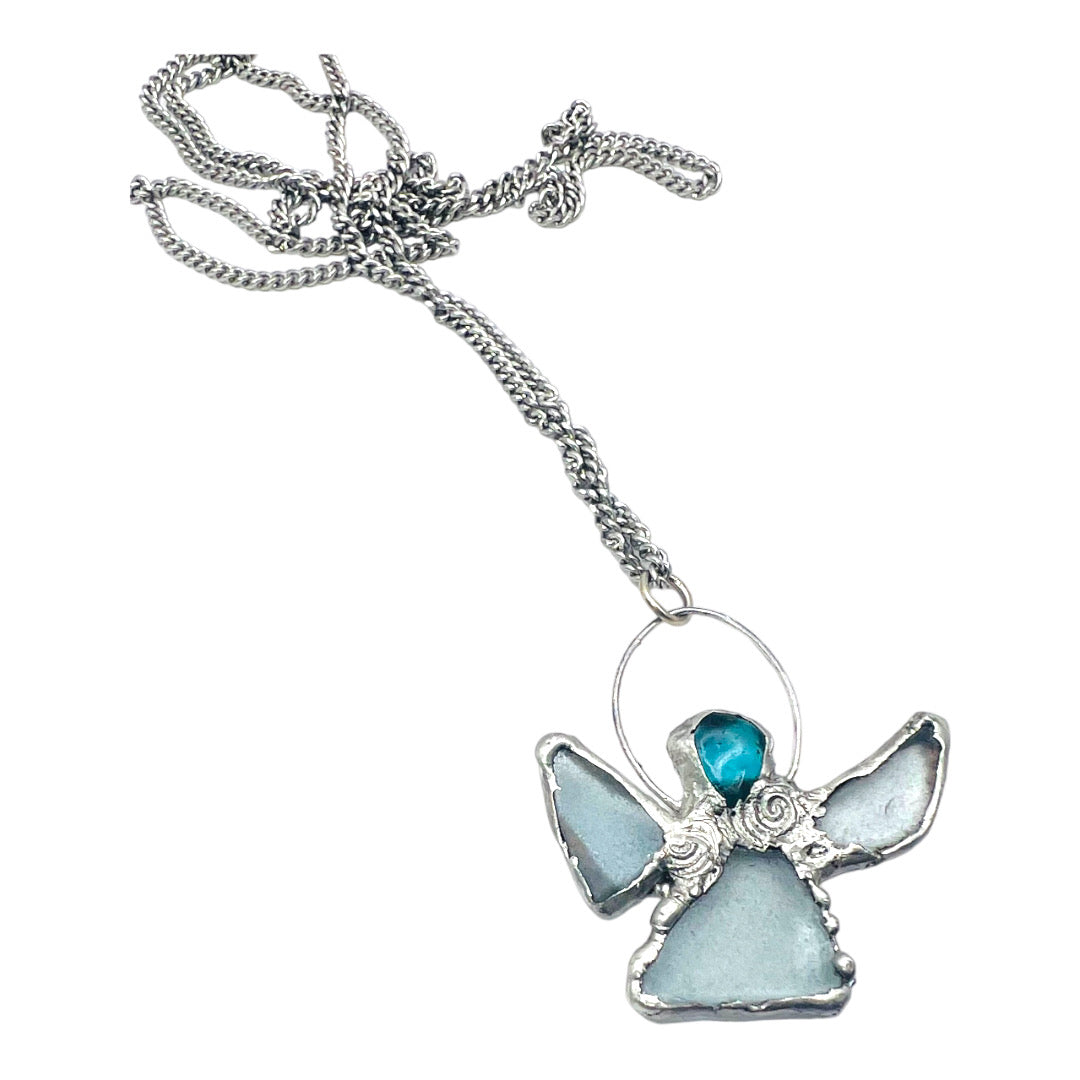 Sea Glass Angel Pendant Artisan Boho Metalwork Necklace