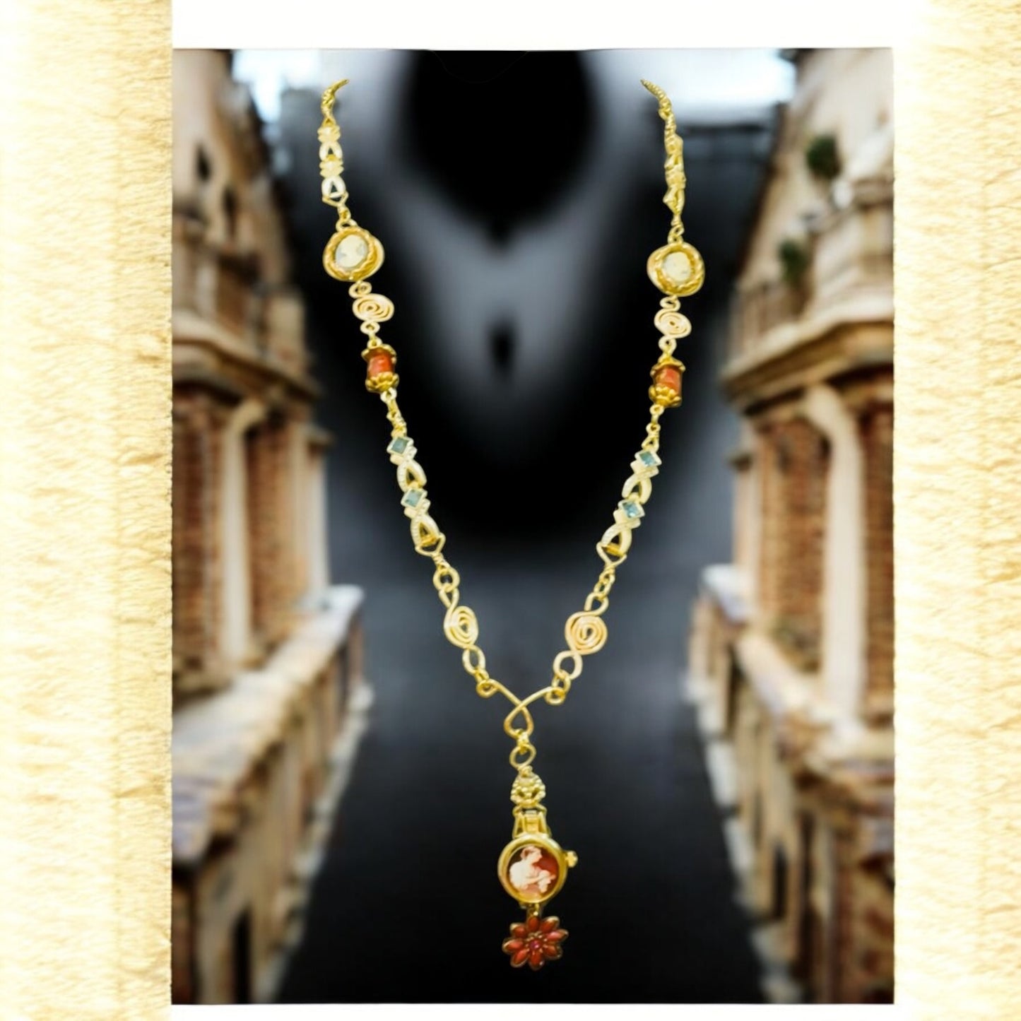 Repurposed VNTG Watch Opera Necklace with scene from the of Beggar’s Opera by Hogarth