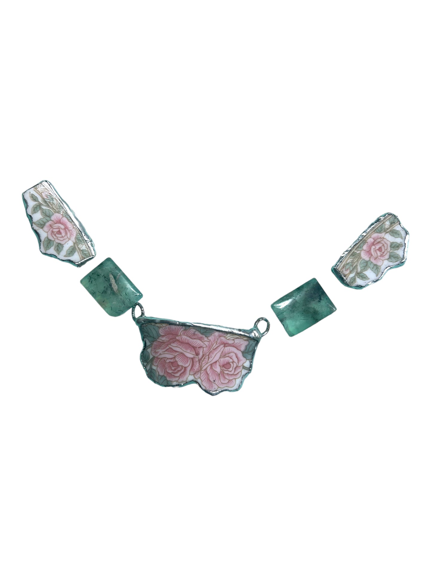 Hand Crafted Broken China Pendant Antique Roses with Prenhite Stones Necklace
