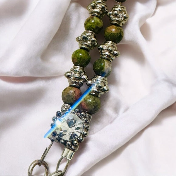 Tiny Canvas Mixed Media Lady Pendant w. Unakite & Pink Jasper Silver Necklace