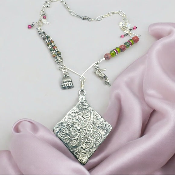 Tiny Canvas Mixed Media Lady Pendant w. Unakite & Pink Jasper Silver Necklace