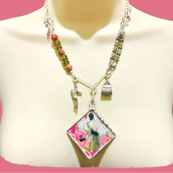 Tiny Canvas Mixed Media Lady Pendant w. Unakite & Pink Jasper Silver Necklace
