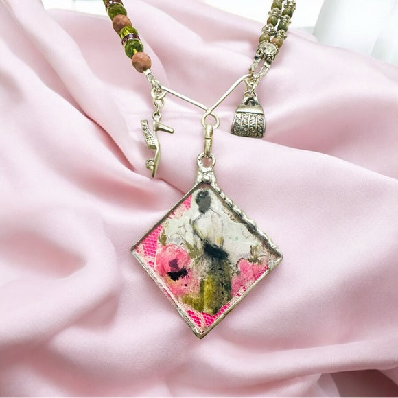 Tiny Canvas Mixed Media Lady Pendant w. Unakite & Pink Jasper Silver Necklace