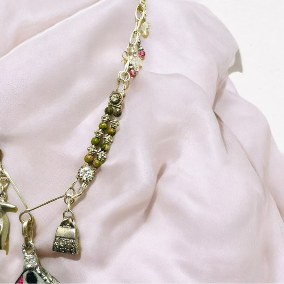 Tiny Canvas Mixed Media Lady Pendant w. Unakite & Pink Jasper Silver Necklace
