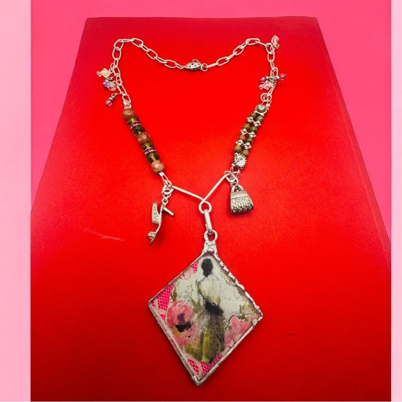 Tiny Canvas Mixed Media Lady Pendant w. Unakite & Pink Jasper Silver Necklace