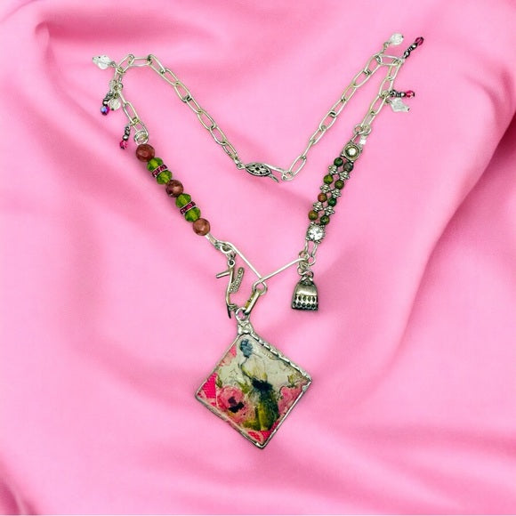 Tiny Canvas Mixed Media Lady Pendant w. Unakite & Pink Jasper Silver Necklace