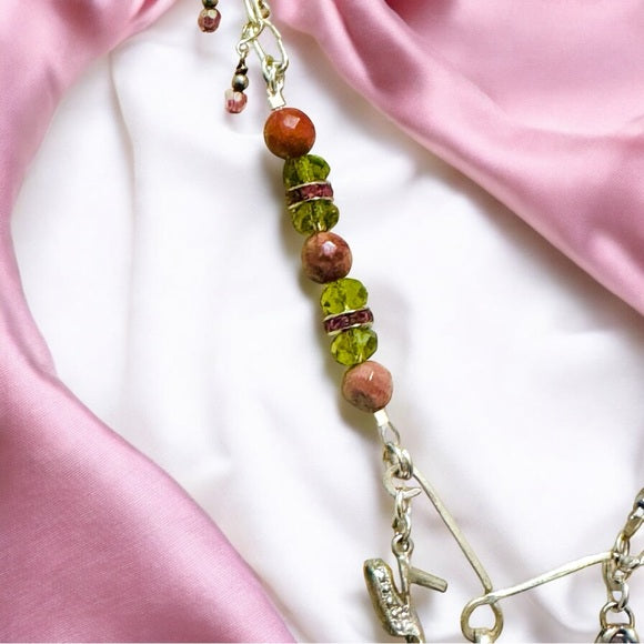 Tiny Canvas Mixed Media Lady Pendant w. Unakite & Pink Jasper Silver Necklace