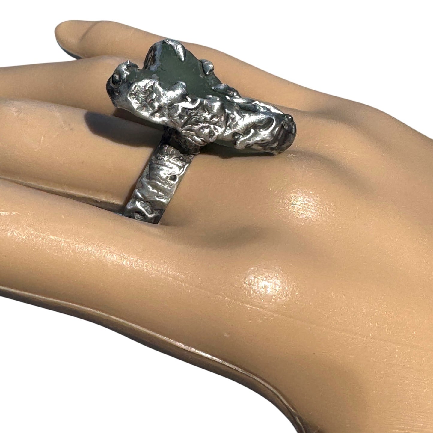 Heart of the Sea Heart Shaped Sea Glass Silver Blend Artisan Ring Size 8