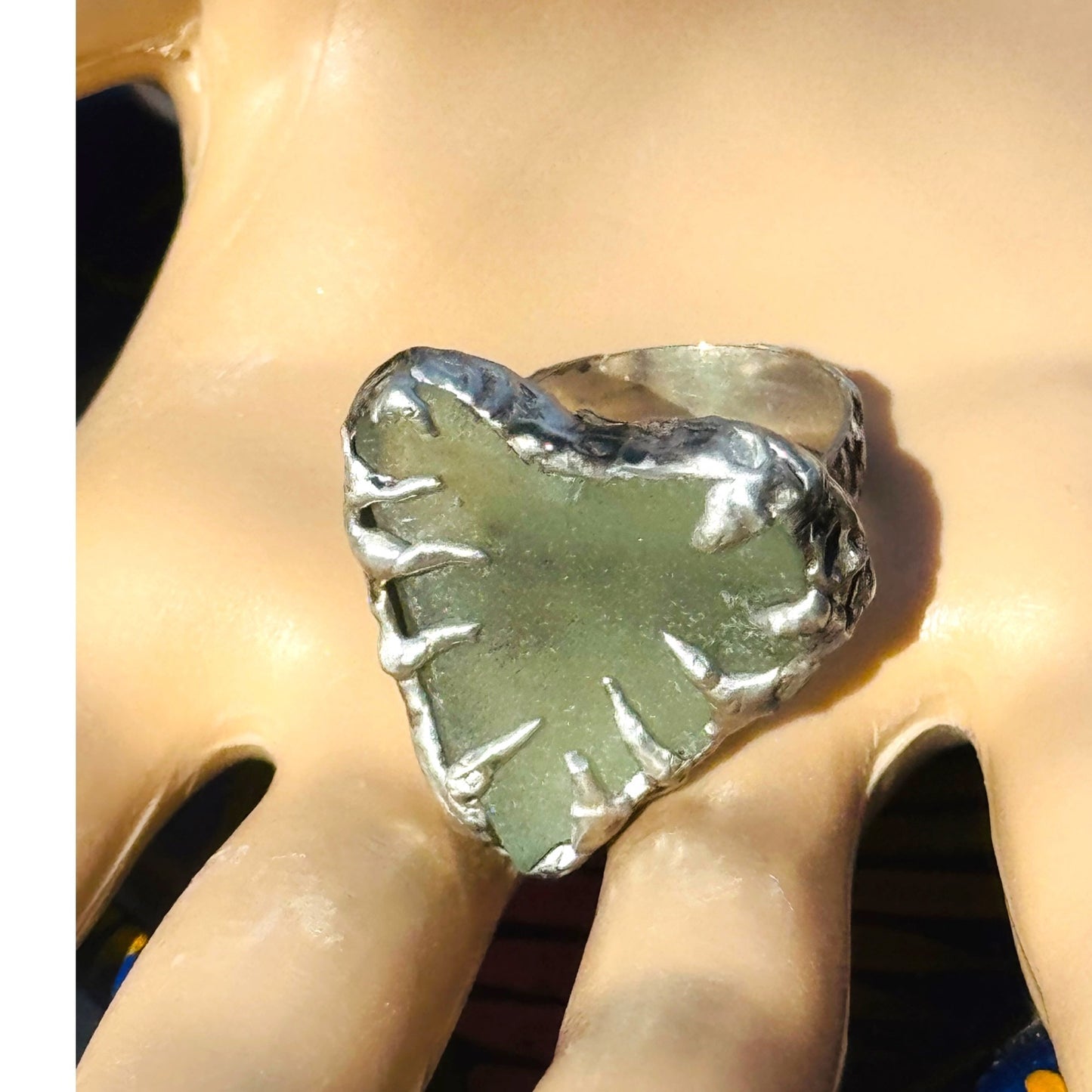Heart of the Sea Heart Shaped Sea Glass Silver Blend Artisan Ring Size 8
