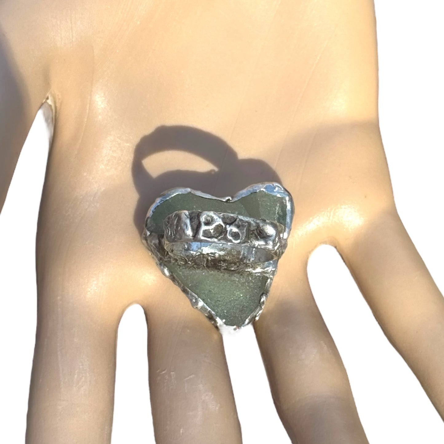 Heart of the Sea Heart Shaped Sea Glass Silver Blend Artisan Ring Size 8