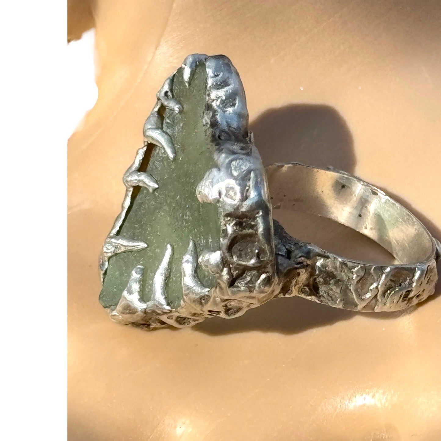 Heart of the Sea Heart Shaped Sea Glass Silver Blend Artisan Ring Size 8