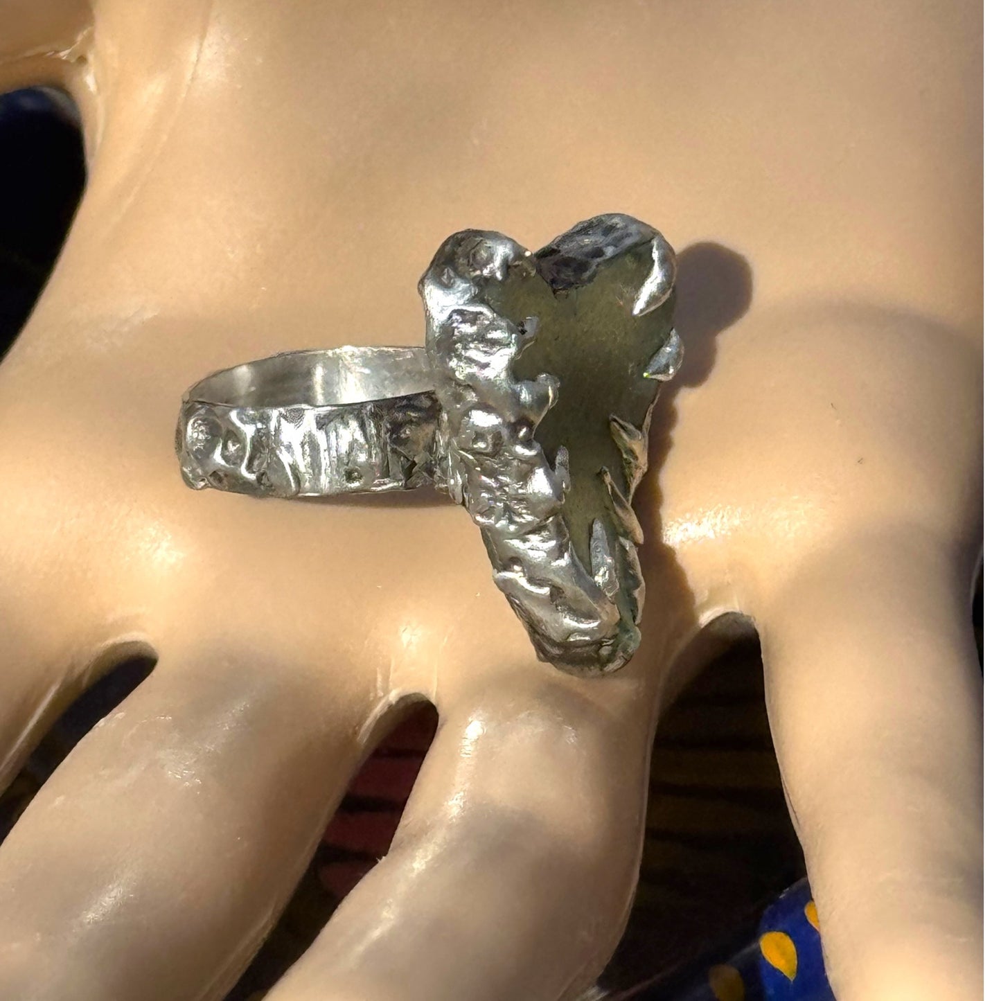 Heart of the Sea Heart Shaped Sea Glass Silver Blend Artisan Ring Size 8