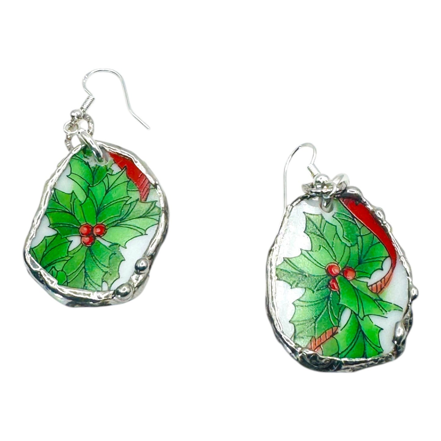 Artisan Broken China 925 Silver Earrings With Holly Design & Silver Caging