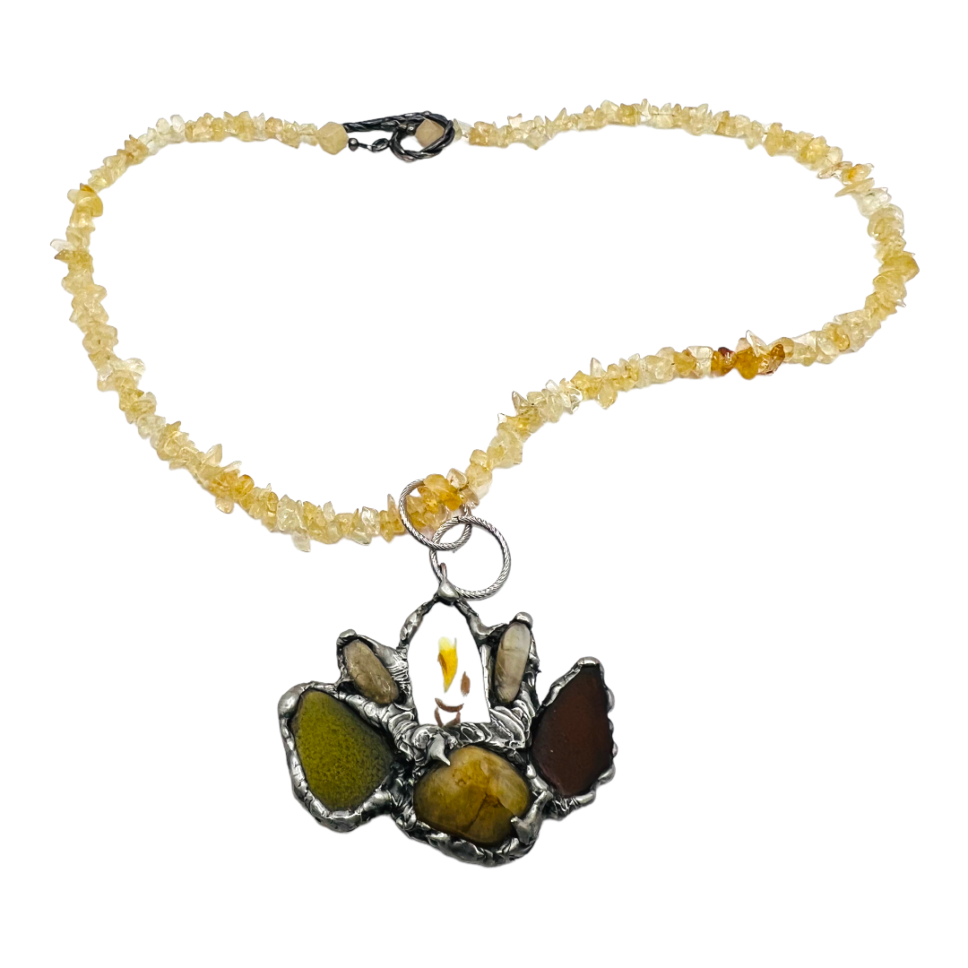 Citrine, Sea Glass & Broken China Pendant With Vintage Citrine Chip Necklace