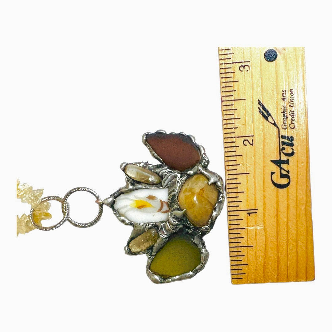 Citrine, Sea Glass & Broken China Pendant With Vintage Citrine Chip Necklace