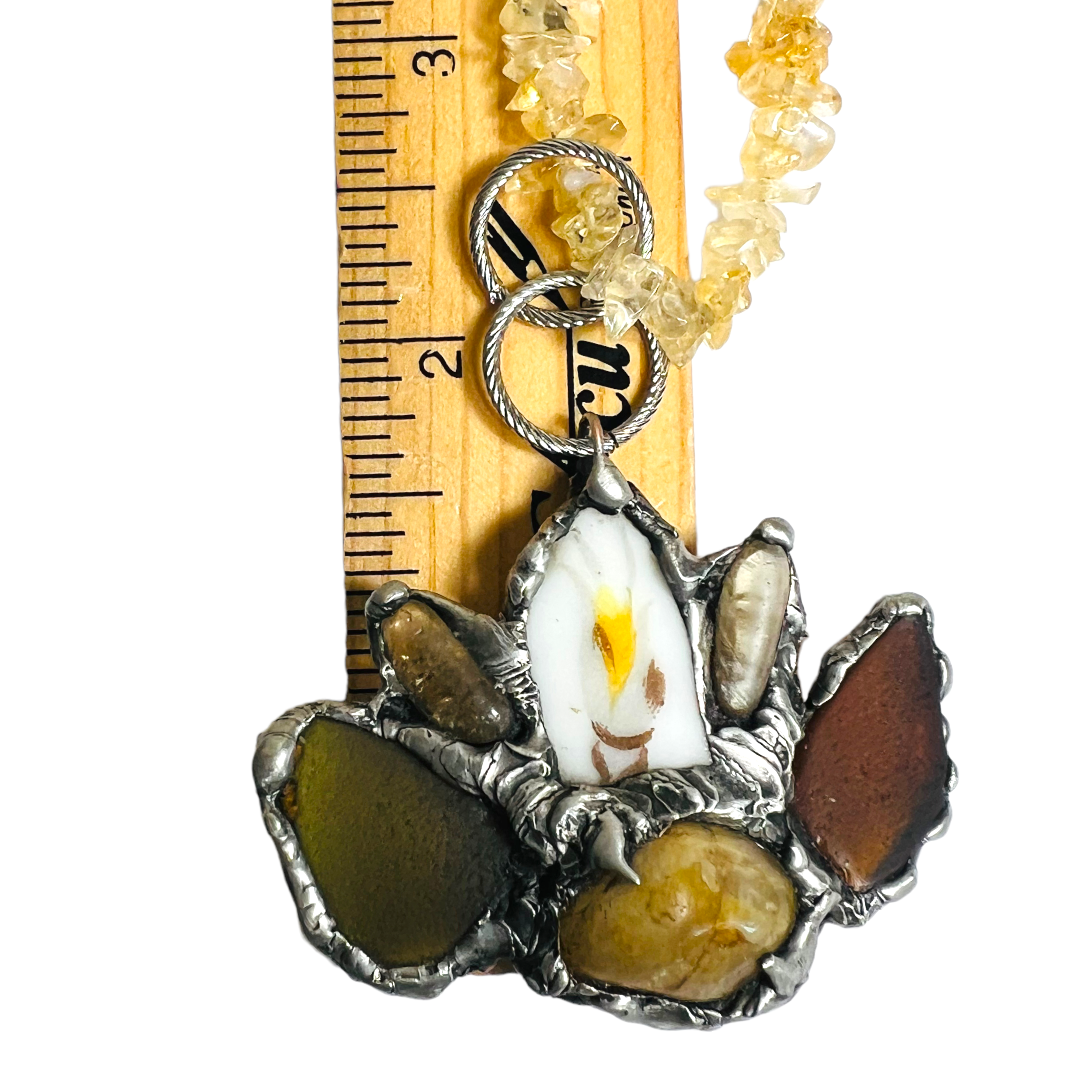 Citrine, Sea Glass & Broken China Pendant With Vintage Citrine Chip Necklace