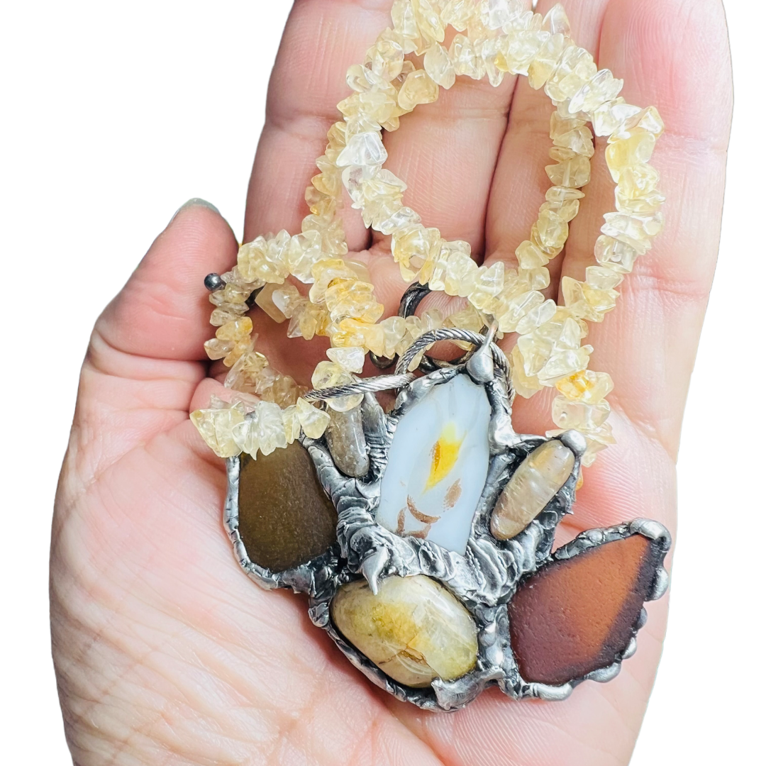 Citrine, Sea Glass & Broken China Pendant With Vintage Citrine Chip Necklace