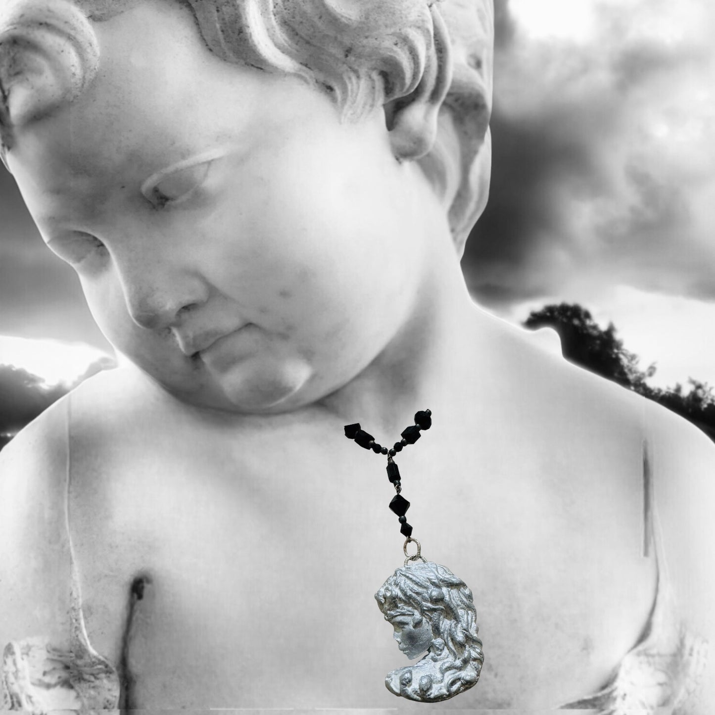 Art Nuveau Clay Lady Pendant with Artisan Crystal Beaded Necklace
