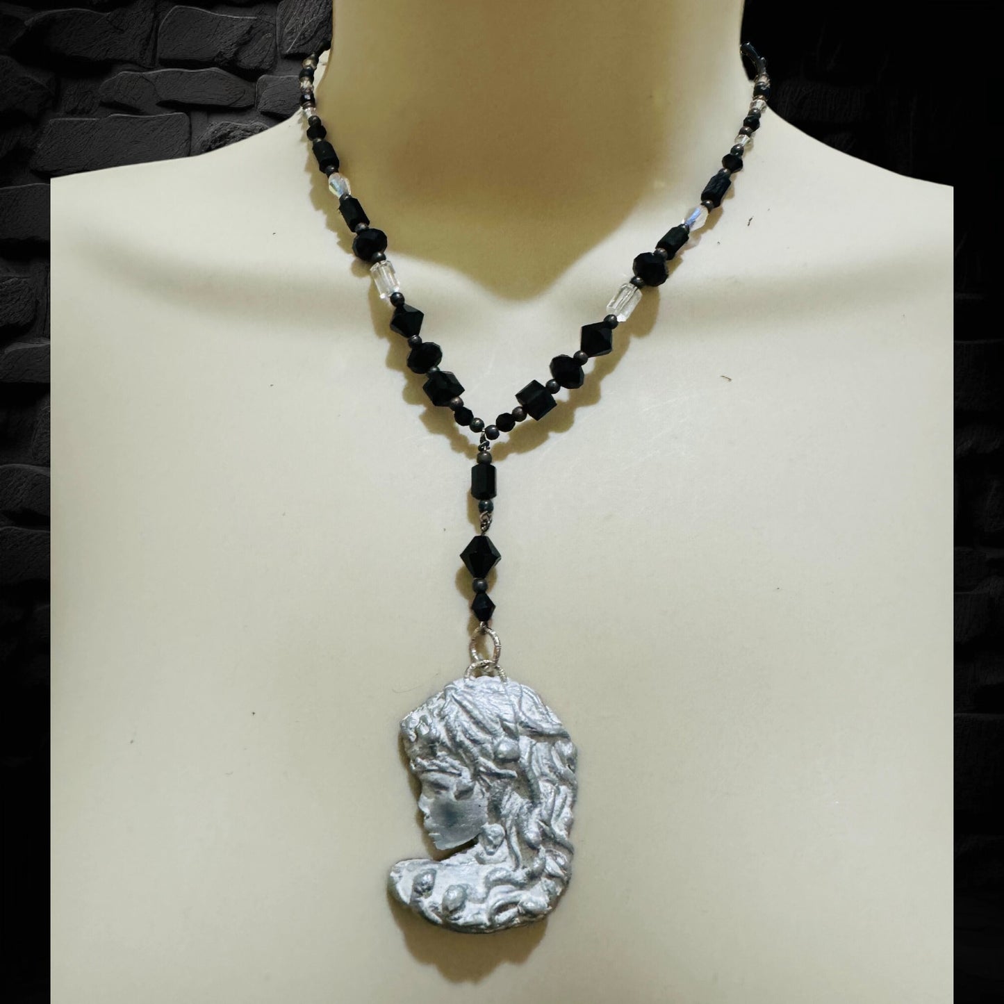 Art Nuveau Clay Lady Pendant with Artisan Crystal Beaded Necklace