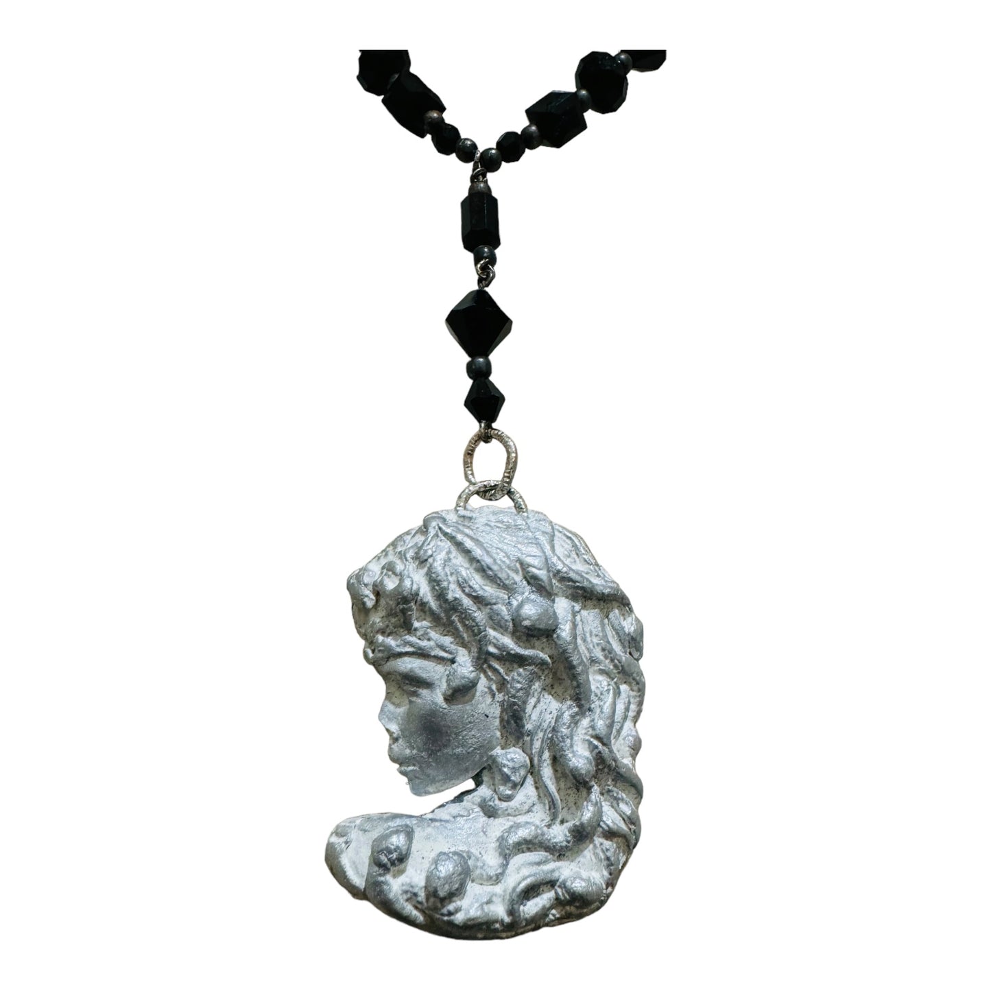 Art Nuveau Clay Lady Pendant with Artisan Crystal Beaded Necklace