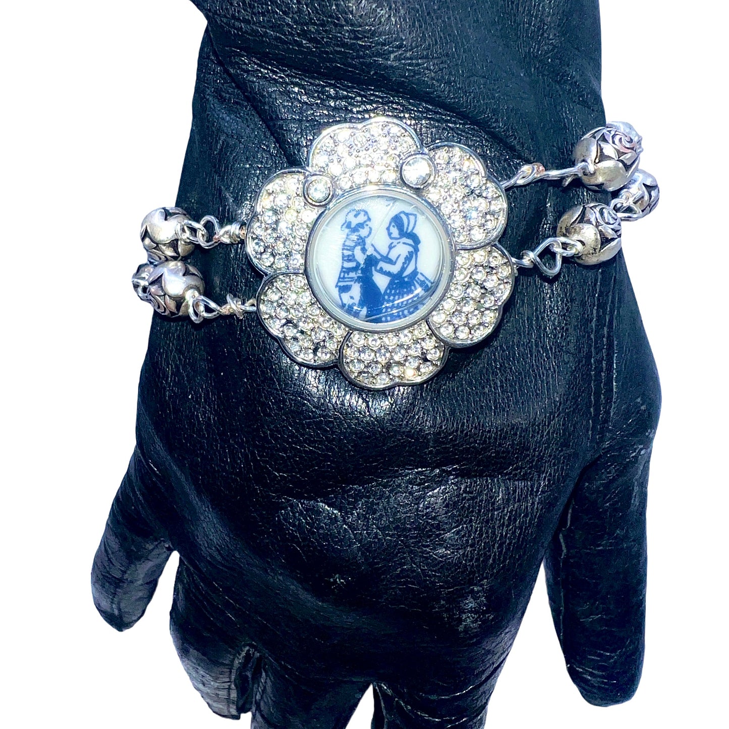 Upcycled Vintage Watch w/ Broken China Mother & Son Blue Willow Bracelet