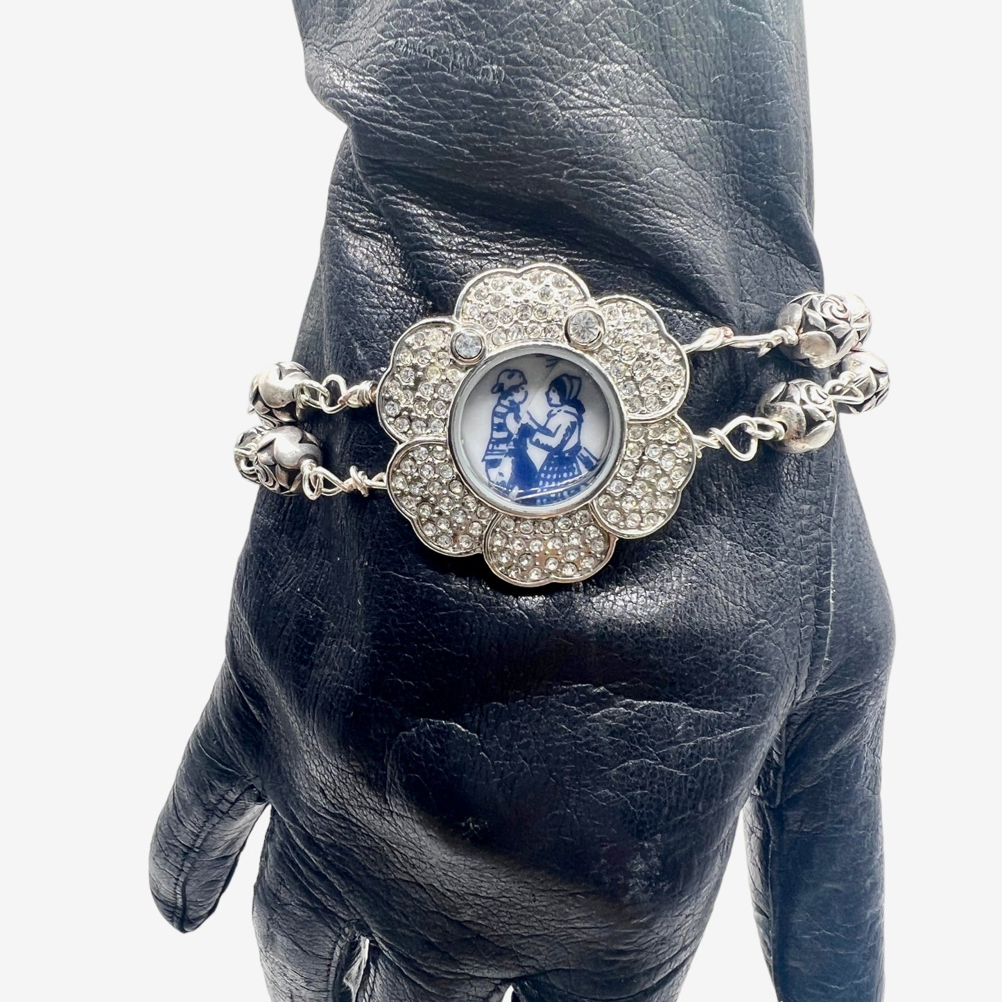 Upcycled Vintage Watch w/ Broken China Mother & Son Blue Willow Bracelet