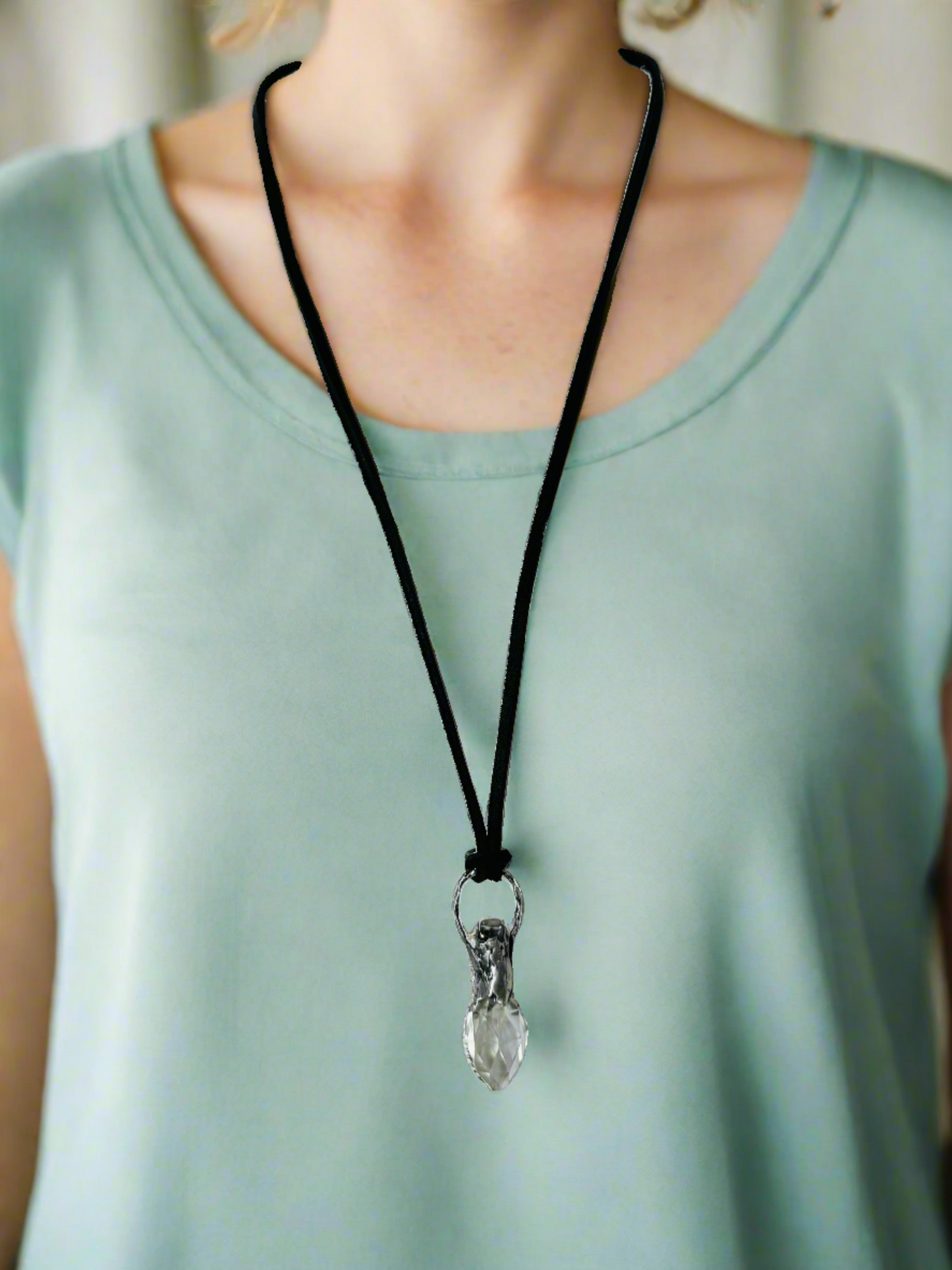 Vintage Crystal Perfume Bottle with Boho Metalwork & Leather Rope Necklace