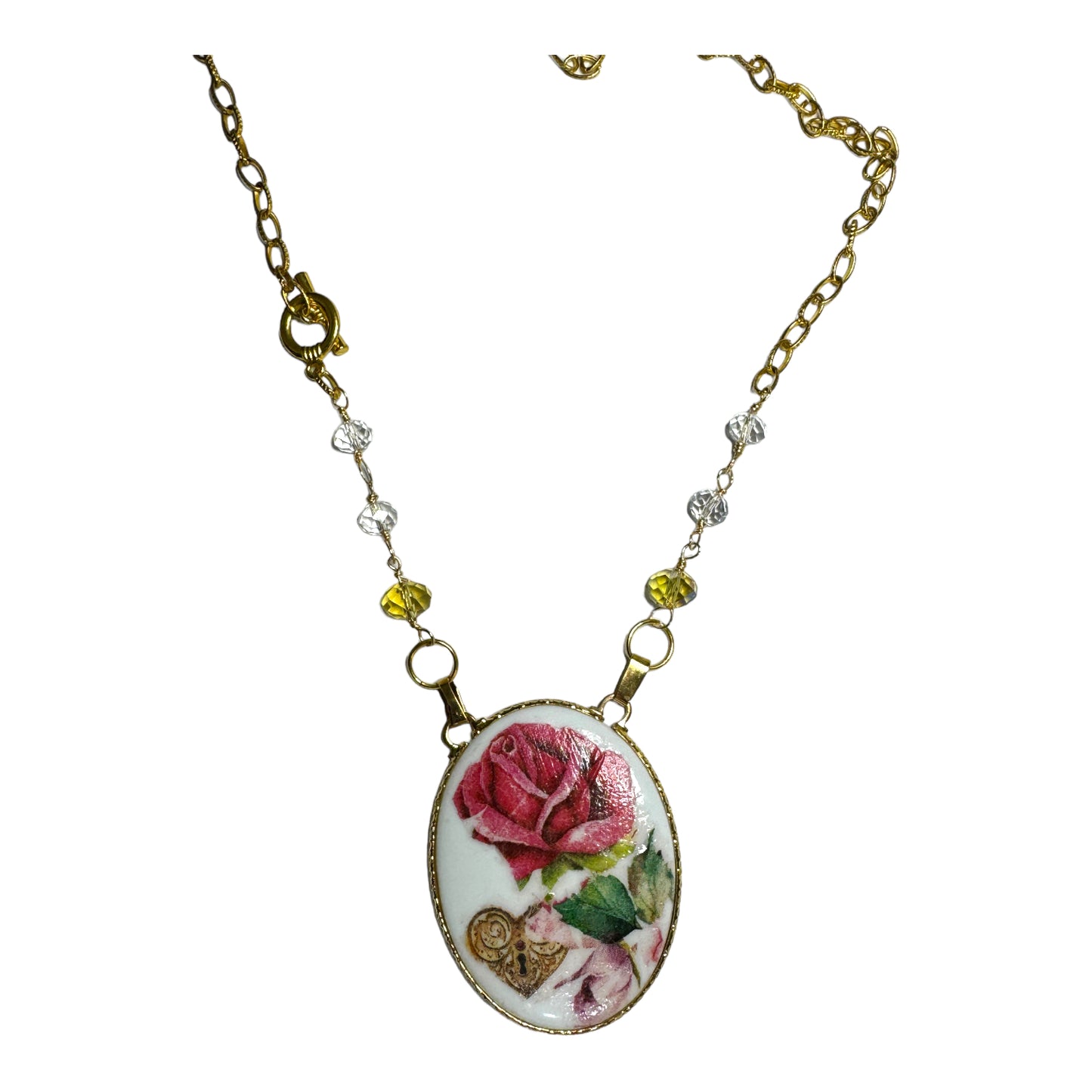 Ceramic Vintage Pandant Reworked with Decoupage and Multifaceted Crystals