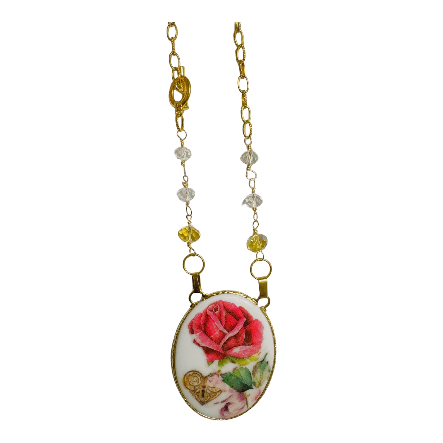 Ceramic Vintage Pandant Reworked with Decoupage and Multifaceted Crystals