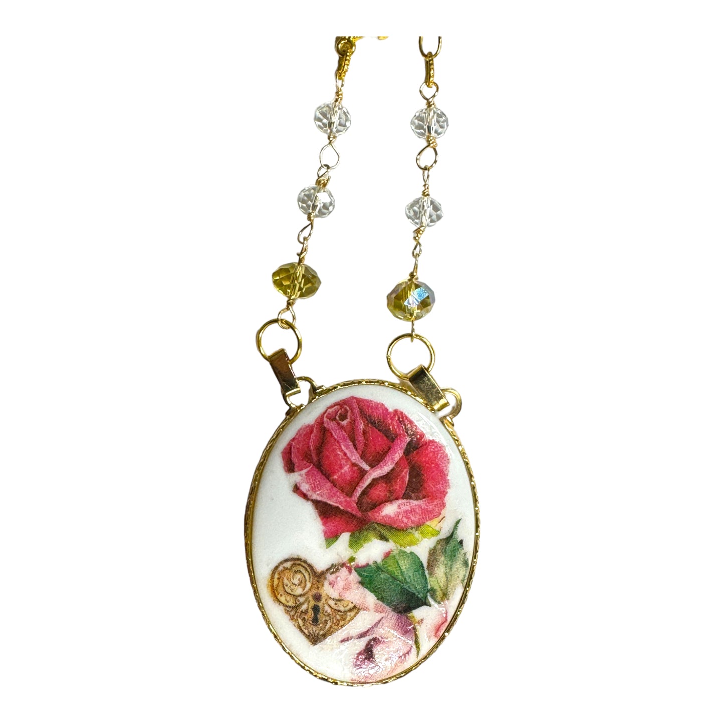 Ceramic Vintage Pandant Reworked with Decoupage and Multifaceted Crystals