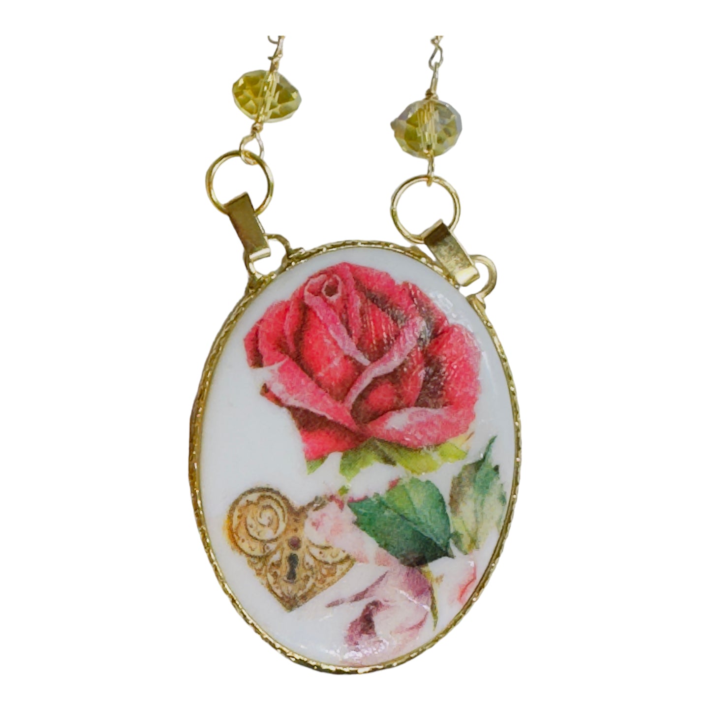 Ceramic Vintage Pandant Reworked with Decoupage and Multifaceted Crystals