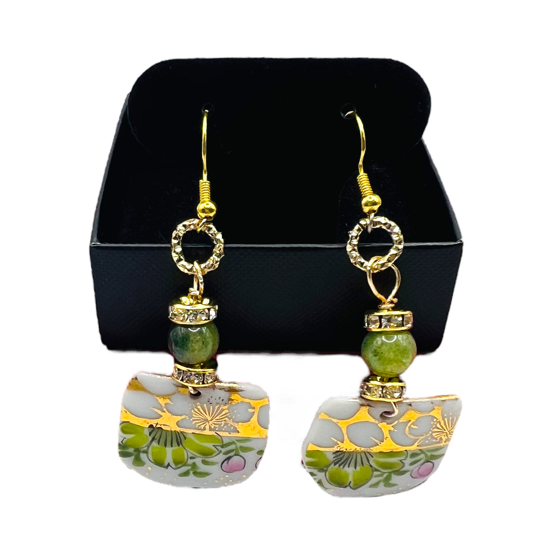 Broken Fine Bone China Dangle Earrings With Green Agate Stones